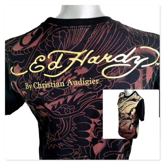 Ed Hardy Hidden Serpent Mens T-Shirt Size L Gold Brown